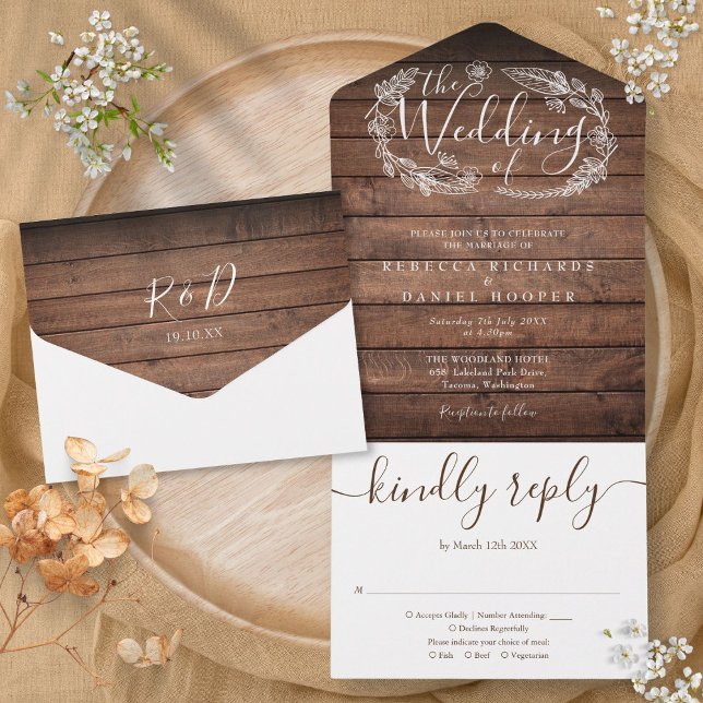 Rustic Wood Script Monogram Floral Wedding All In One Invitation (Rustic Wood Script Monogram Floral Wedding All In One Invitation)