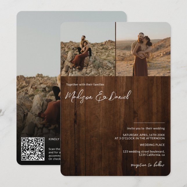 Rustic wood script names 3 photos qr code wedding invitation (Front/Back)