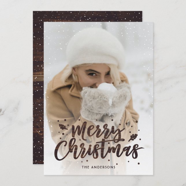 Rustic Wood Script Snow Photo Christmas Cards (Front/Back)