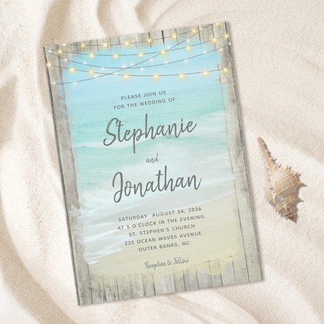 Rustic Wood Script String Lights Beach Wedding Invitation (Creator Uploaded)
