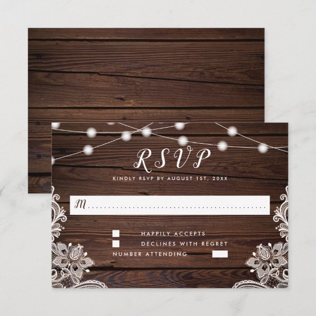Rustic Wood Script String Lights & Lace Wedding RSVP Card (Front/Back)