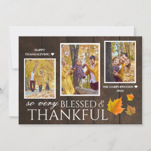 Rustic Wood Script thanksgiving family 3 photo Holiday Card