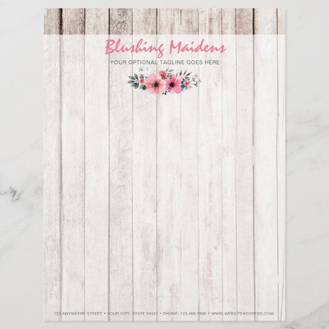 Rustic Wood Shabby Chic Pink Roses Anemone Floral Letterhead (Front)