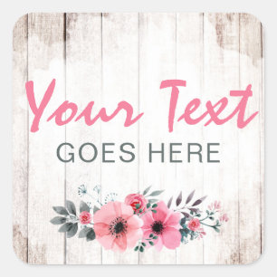Rustic Wood Shabby Chic Pink Roses Anemone Floral Square Sticker
