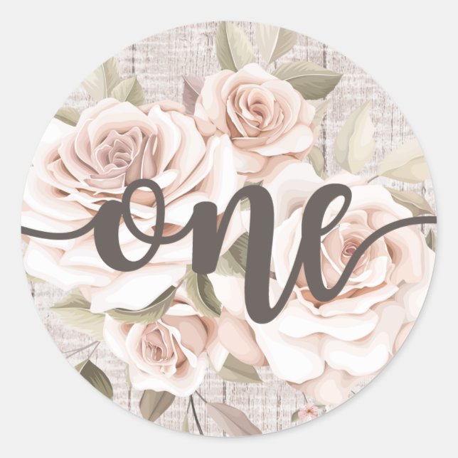 Rustic Wood & Shabby Chic Roses 1st Birthday Party Classic Round Sticker (Front)