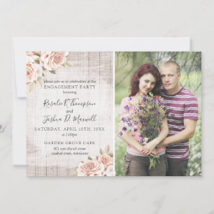 Rustic Wood & Shabby Roses Engagement Party Photo Invitation