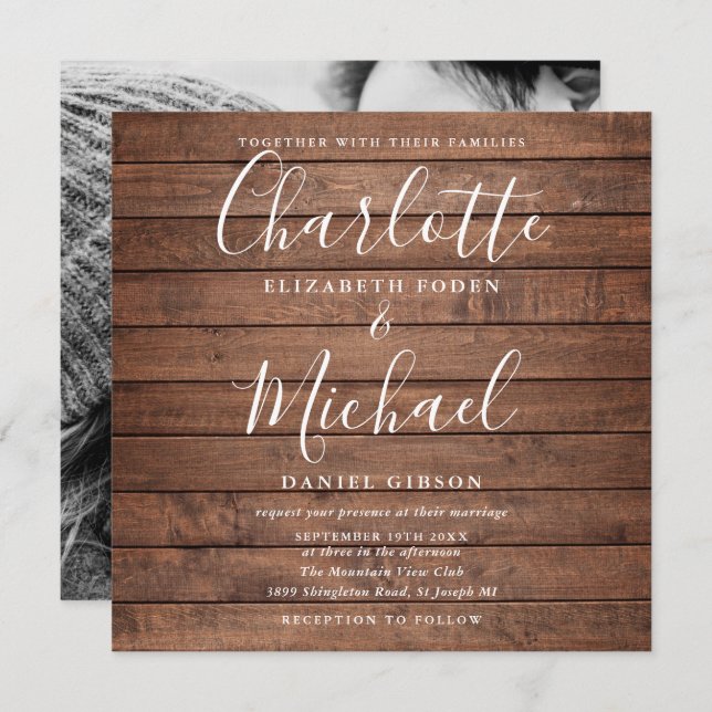 Rustic Wood Signature Script Wedding Photo Invitation (Front/Back)