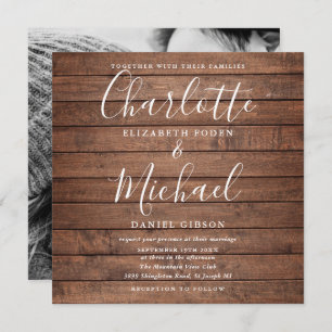 Rustic Wood Signature Script Wedding Photo Invitation