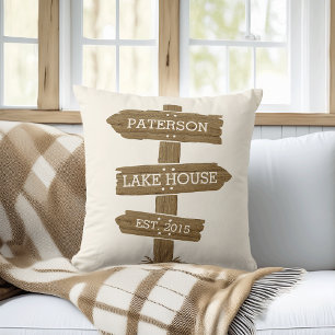 Rustic Wood Signpost Lake House Cabin Throw Pillow