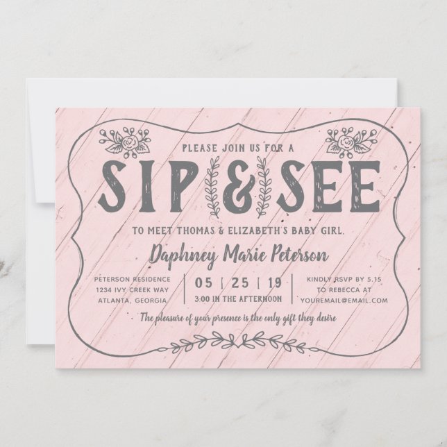 Rustic Wood Sip and See Baby Shower Invitation (Front)