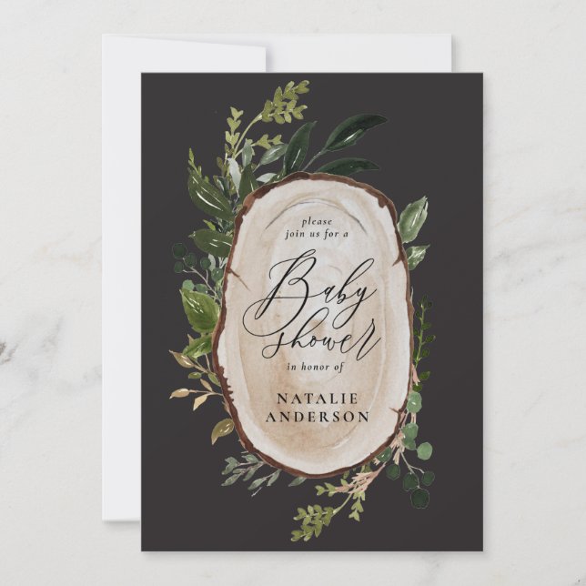 Rustic wood slice baby shower invitation (Front)
