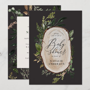 Rustic wood slice baby shower invitation