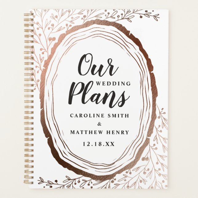 Rustic Wood Slice Copper Foil Autumn Fall Wedding Planner (Front)