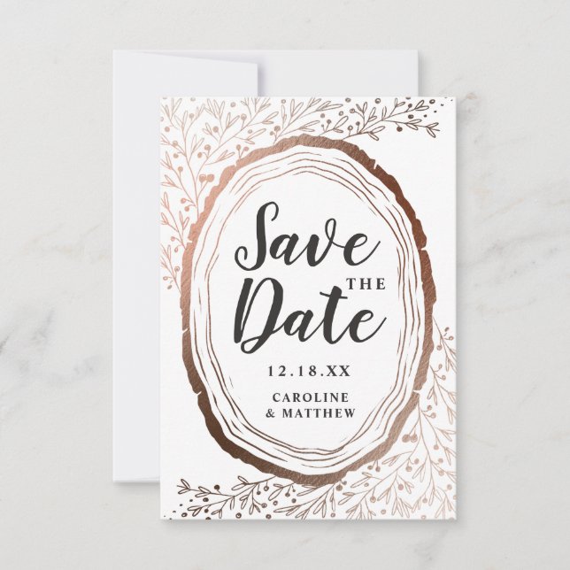 Rustic Wood Slice Copper Foil Autumn Fall Wedding Save The Date (Front)