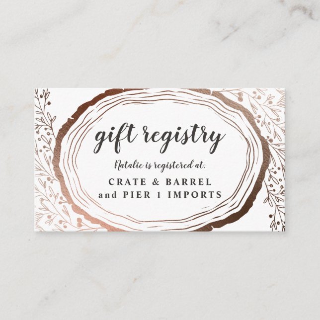 Rustic Wood Slice Copper Foil Shower Gift Registry Enclosure Card (Front)
