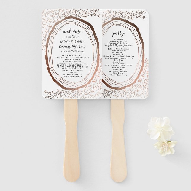 Rustic Wood Slice Copper Wedding Ceremony Program Hand Fan (Front and Back)