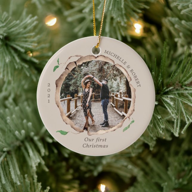 Rustic Wood Slice First Christmas Ceramic Ornament (Tree)