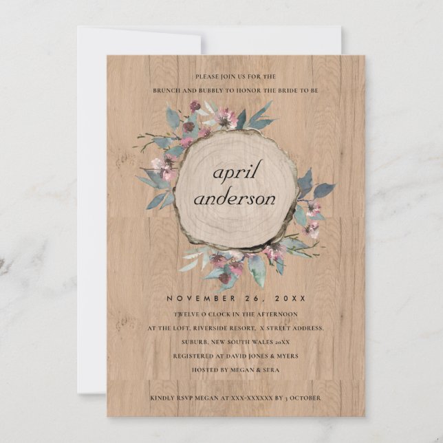RUSTIC WOOD SLICE FLORAL BRUNCH &  BUBBLY INVITE (Front)