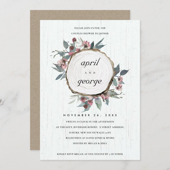 RUSTIC WOOD SLICE FLORAL COUPLES SHOWER INVITE (Front/Back)