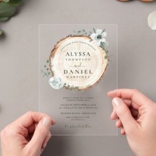Rustic Wood Slice Greenery Wedding Acrylic Invitations