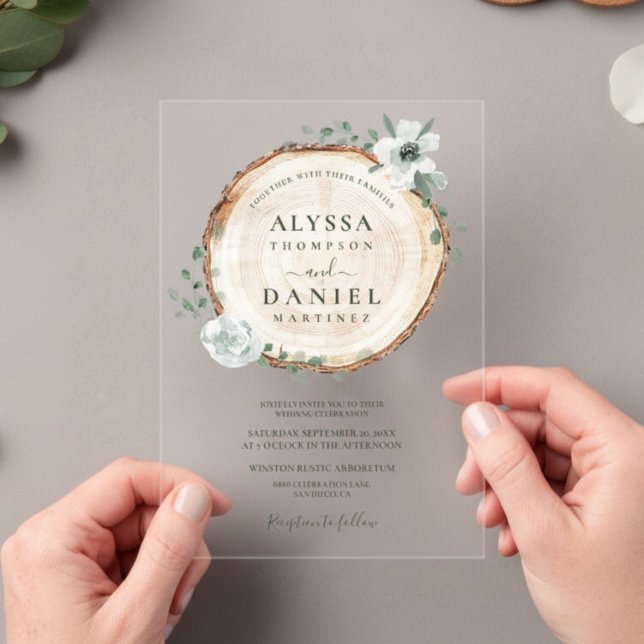 Rustic Wood Slice Greenery Wedding Acrylic Invitations (Elegant, boho rustic acrylic wedding invitation.)