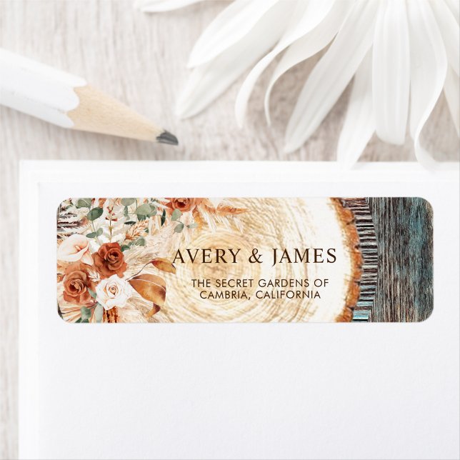 Rustic Wood Slice Pampas Floral Wedding Address (Créateur téléchargé)