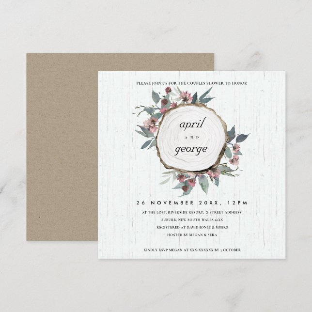 RUSTIC WOOD SLICE PINK FLORA COUPLES SHOWER INVITE (Front/Back)