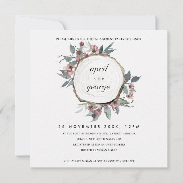 RUSTIC WOOD SLICE PINK FLORAL ENGAGEMENT INVITE (Front)