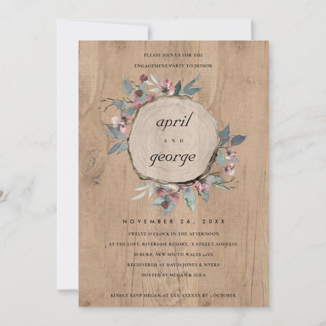 RUSTIC WOOD SLICE PINK FLORAL ENGAGEMENT INVITE (Front)