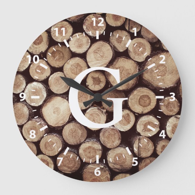Rustic Wood Slice Stumps White Numbers | Monogram Large Clock (Front)