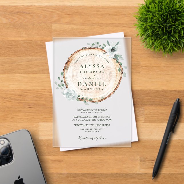 Rustic Wood Slice Watercolor Botanical wedding Acrylic Invitations (Insitu (Invitation Card))