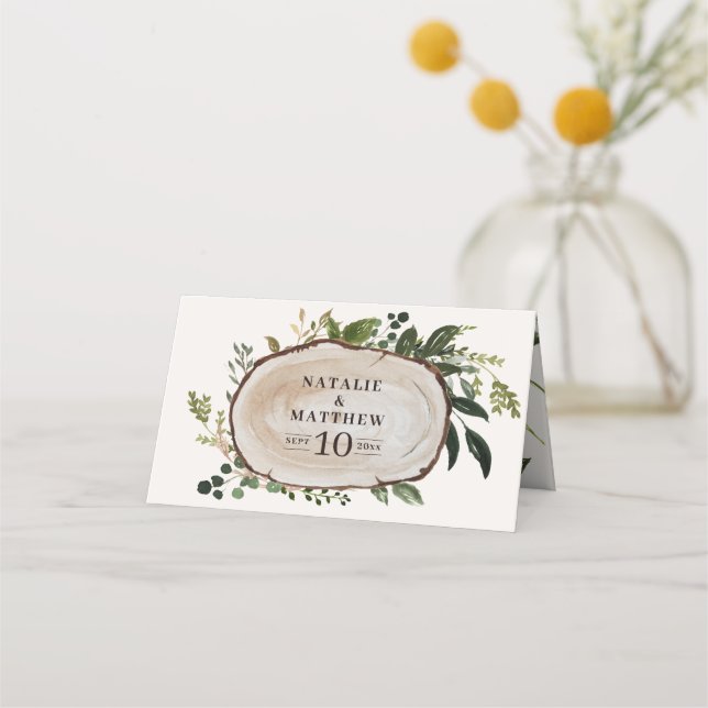 Rustic wood slice wedding place card (Front)