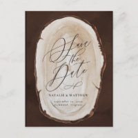 Rustic wood slice wedding save the date invite