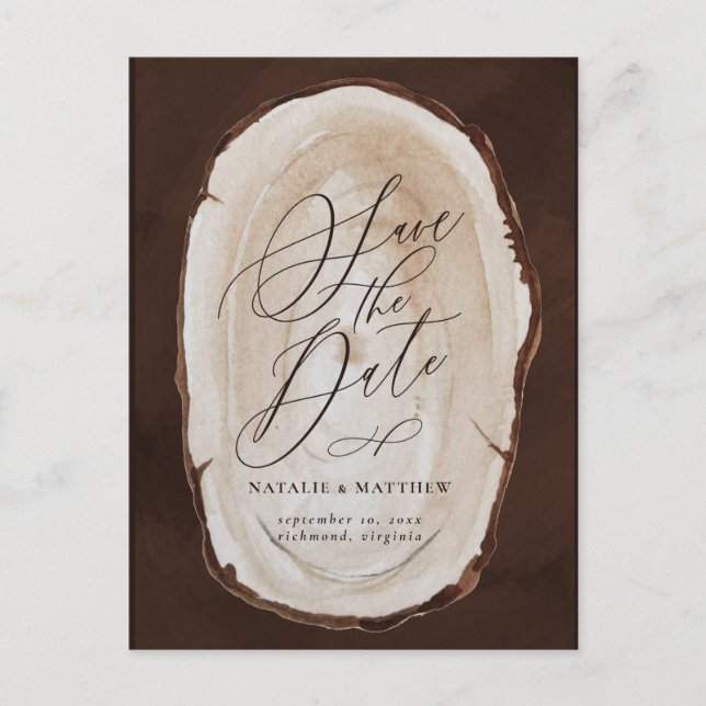 Rustic wood slice wedding save the date invite (Front)