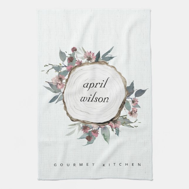 RUSTIC WOOD SLICE WILD PINK FLORAL EUCALYPTUS KITCHEN TOWEL (Vertical)