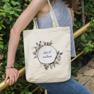 RUSTIC WOOD SLICE WILD PINK FLORAL EUCALYPTUS TOTE BAG