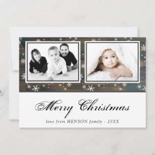 Rustic Wood Snowflake Merry Christmas 2 Photo Holiday Card