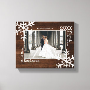 Rustic Wood Snowflake Newlywed Christmas Photo Canvas Print