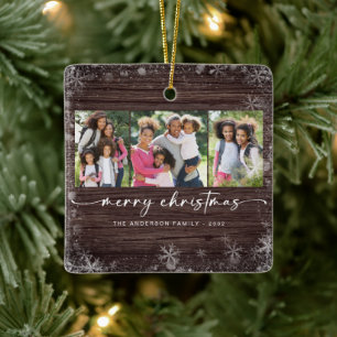 Rustic Wood Snowflake Photo Merry Christmas  Ceramic Ornament