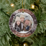 Rustic Wood Snowflake Photo Personalized Ceramic Ornament<br><div class="desc">Create your own personalized photo keepsake ornament featuring rustic wood plank, snowflakes and snow and your custom text (the sample shown family name and year). The design is duplicated on both sides. The sample is shown on a round ceramic ornament--other styles are available on the ordering page. ASSISTANCE: For help...</div>