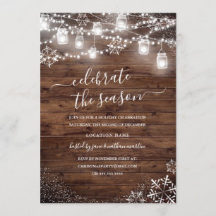 Rustic Wood Snowflake String Lights Red Christmas Invitation