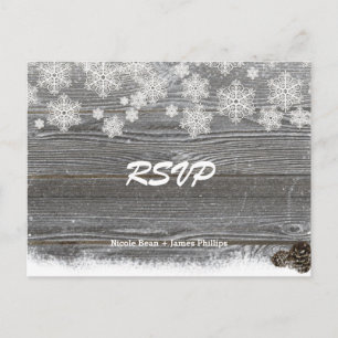 Rustic Wood & Snowflakes Wedding RSVP Postcard