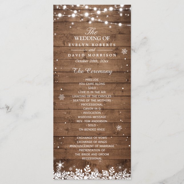 Rustic Wood Snowflakes Winter Wedding Program (Front)