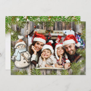Rustic Wood Snowman Frame With Text on Back Photo Holiday Card