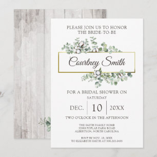 Rustic Wood Southern Cotton Boll Bridal Shower Invitation