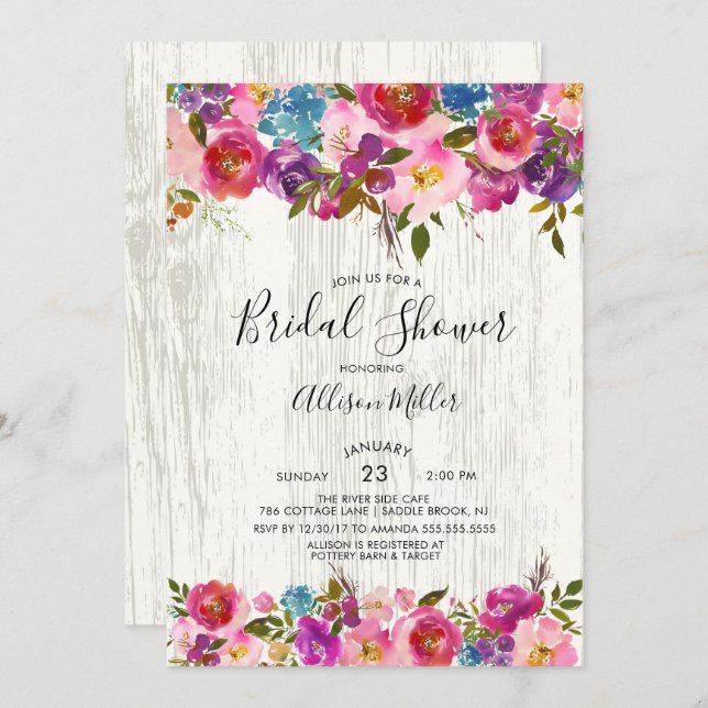 Rustic Wood Spring Floral Bridal Shower Invitation (Front/Back)