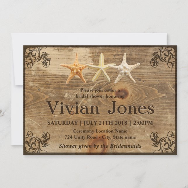 Rustic Wood & Starfish Bridal Shower Invitation (Front)