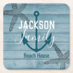 Rustic Wood Starfish Custom Family Beach House Square Paper Coaster<br><div class="desc">Rustic and elegant blue wood design. Starfish stamp overlay with anchor solid graphic. Custom family name in bold sans serif font and chic script family typography. All text is adjustable. Beautiful design for beach house,  vacation home,  boat,  or nautical themed home decor.</div>