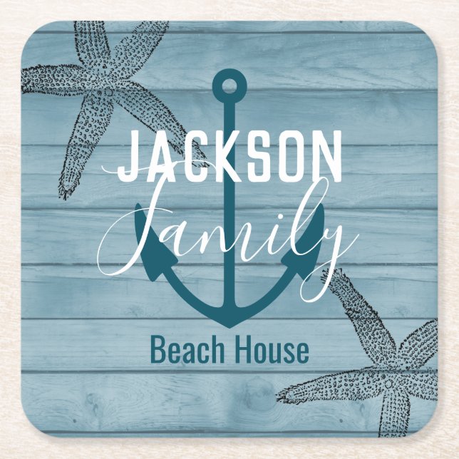 Rustic Wood Starfish Custom Family Beach House Square Paper Coaster (Front)