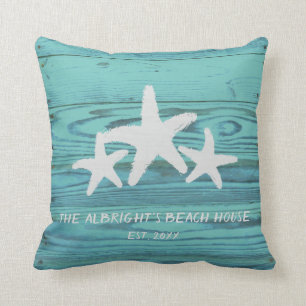 Rustic Wood Starfish Limpet Shell Blue Throw Pillow